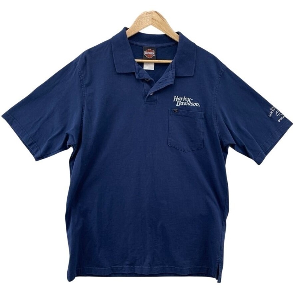 Harley Davidson Polo Shirt Mens Large Blue Cotton Shumate Spokane WA Embroidered - Picture 2 of 9